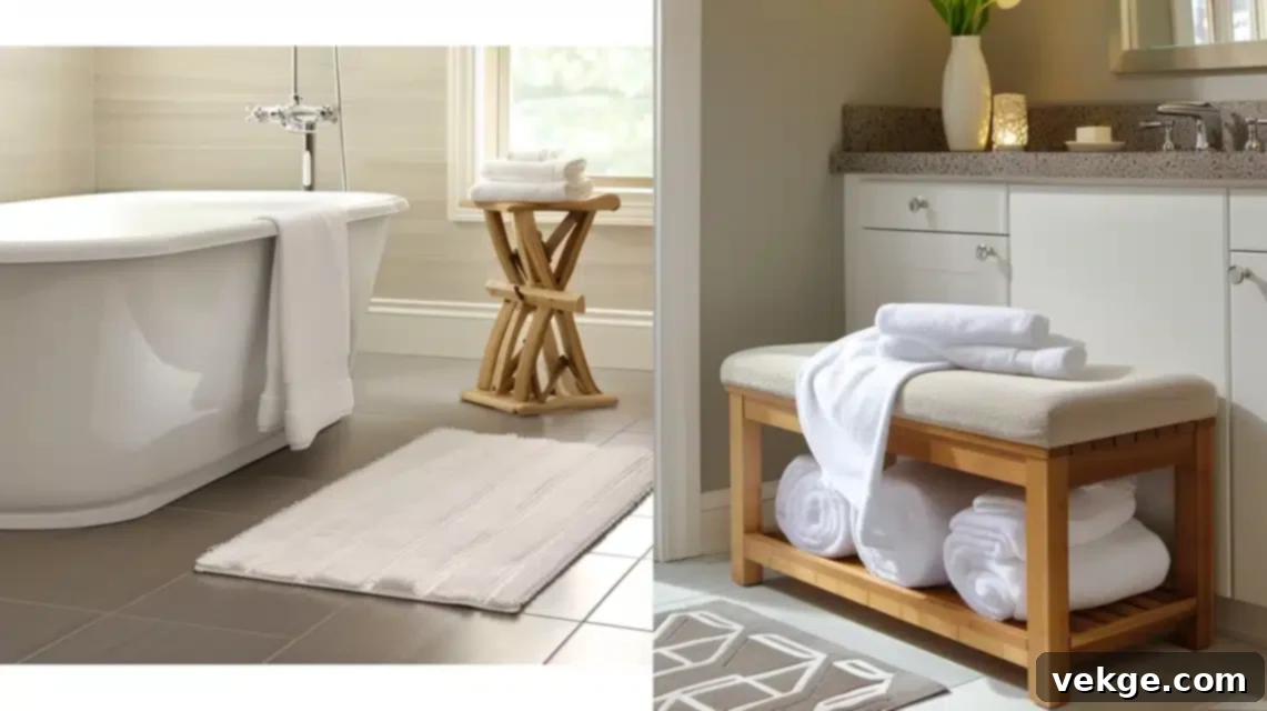 Compact bench placed in a small bathroom, offering extra seating and storage