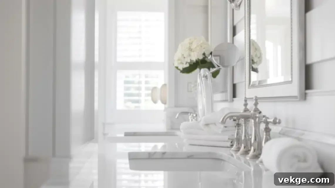 All-white small bathroom with marble countertop and light fixtures for brightness