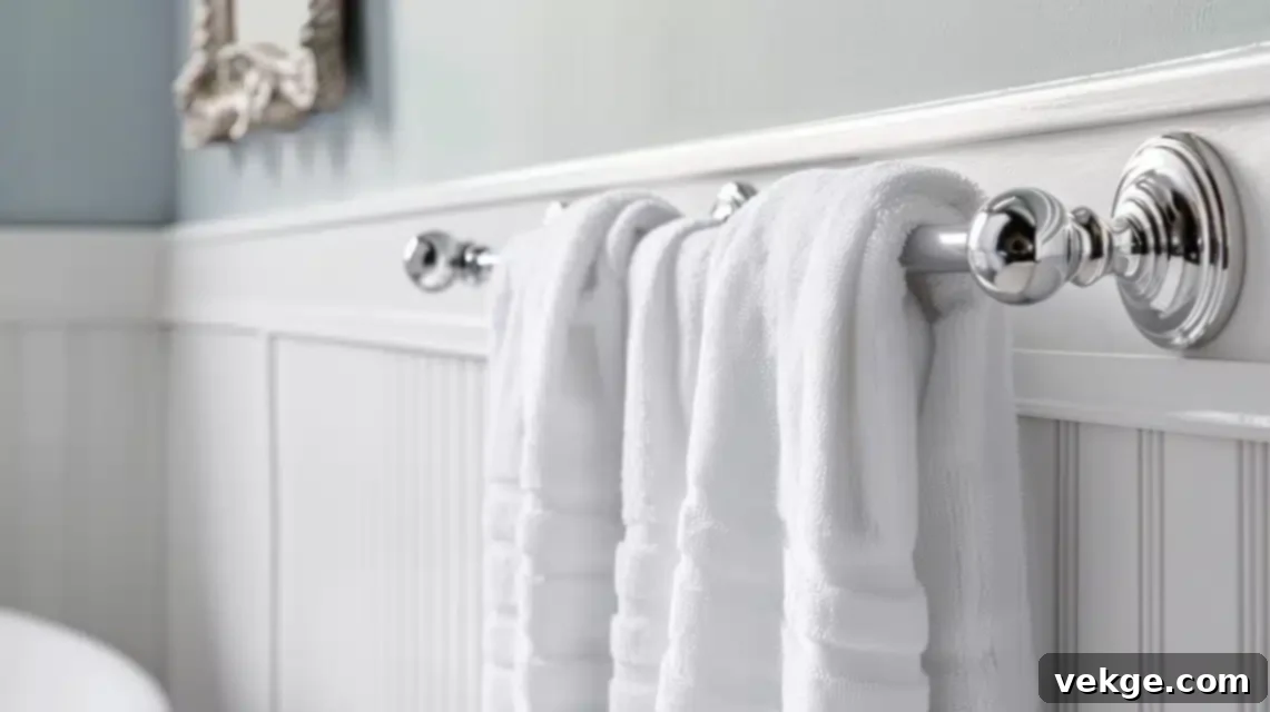 Decorative wall hooks utilized for hanging towels in a small, organized bathroom