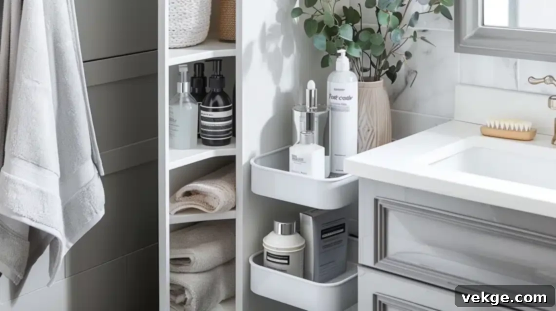 Narrow, slim storage cabinet perfectly fitted into a corner of a small bathroom