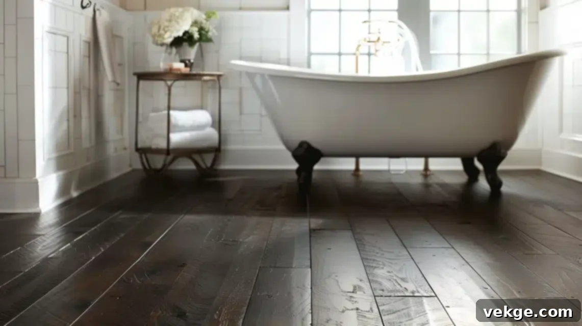 Small bathroom with dark patterned floor tiles creating a dramatic contrast with light walls