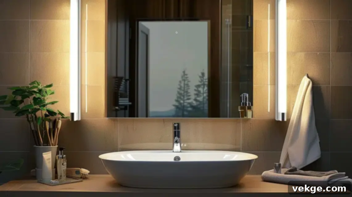 Vertical wall sconces illuminating a bathroom mirror, saving space and enhancing light
