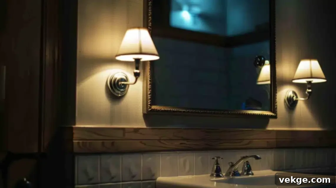 Sconces mounted directly onto a large bathroom mirror for optimal, space-saving illumination