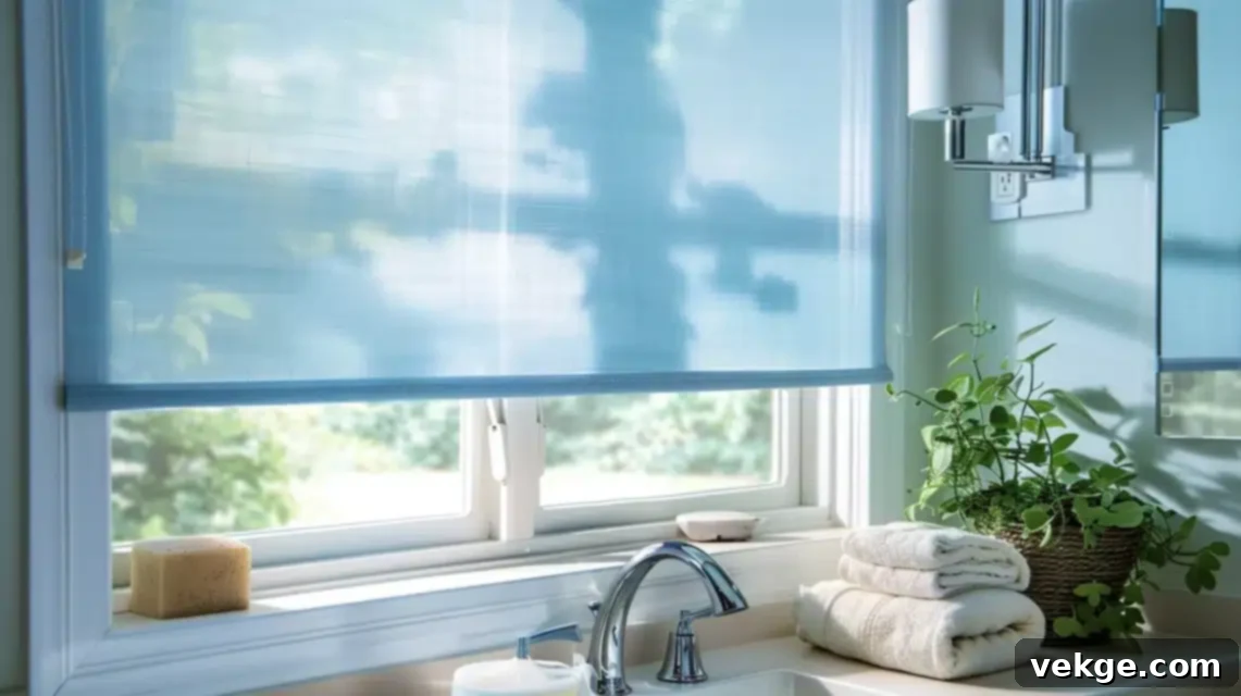 Bathroom window with translucent shades allowing diffused light while ensuring privacy