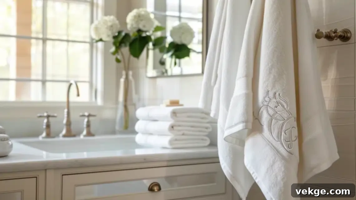 Monogrammed white towels adding a personal and luxurious touch to a bathroom