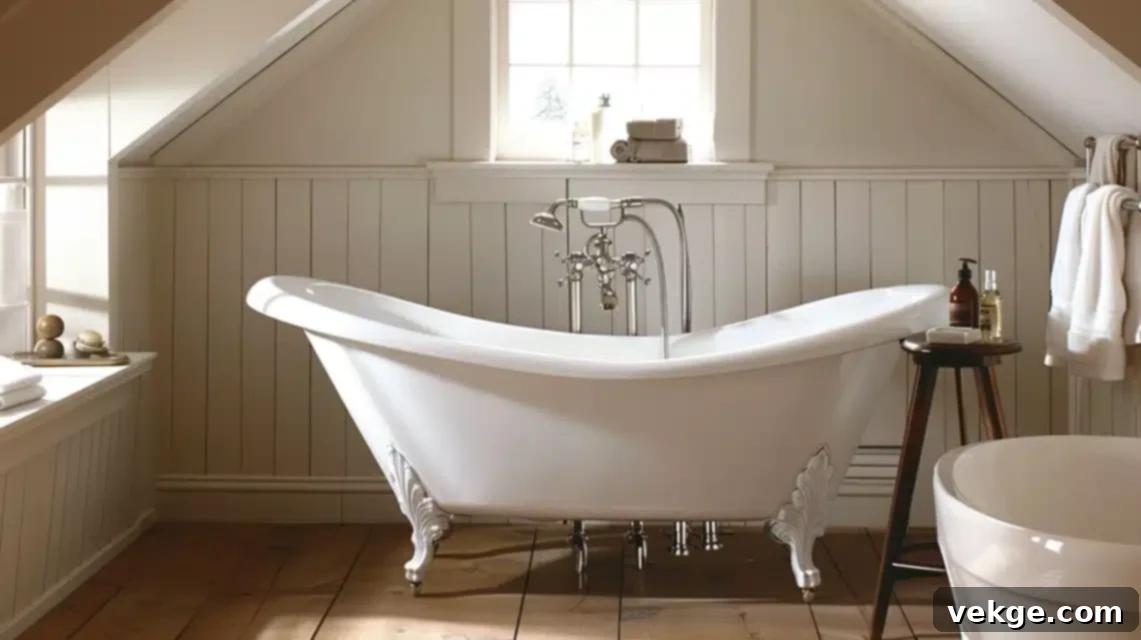 Small attic bathroom cleverly designed with a sloped ceiling, incorporating a tub and storage