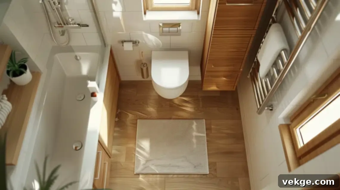 Modern bathroom with minimal, clean-lined millwork and trim, enhancing a spacious feel