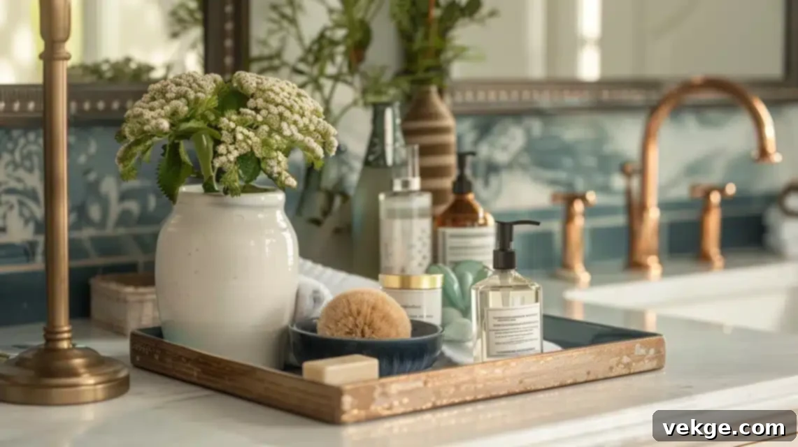 Decorative catchall caddy on a bathroom vanity, organizing small essentials elegantly
