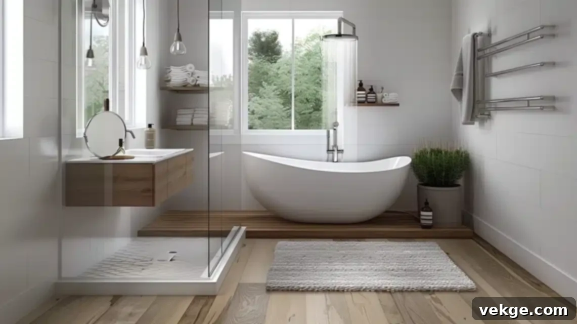 Contemporary wet room design combining shower and tub in a seamless, tiled space