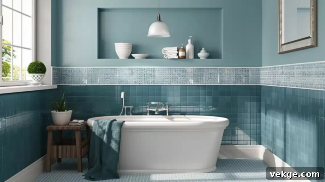 Bathroom with partial wall tiling, creating visual separation and texture