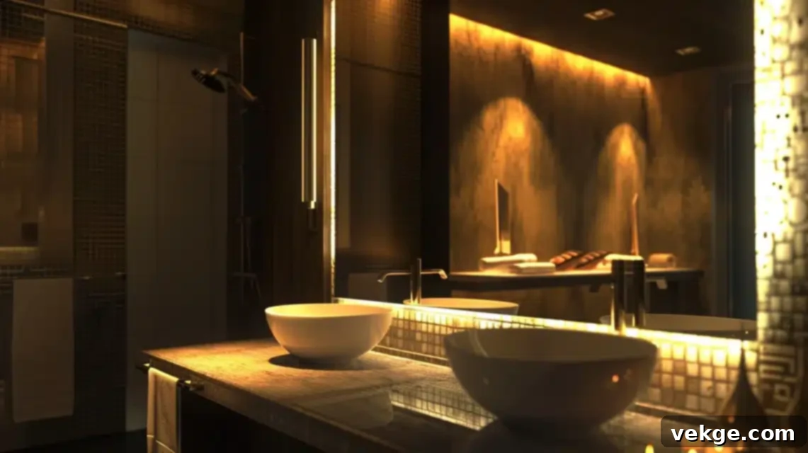Bathroom with a sleek backlit mirror providing ambient and functional lighting