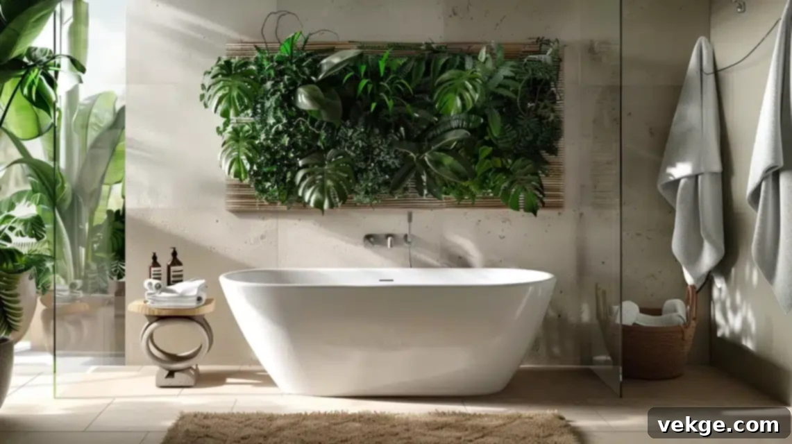 Small bathroom with a vibrant vertical garden wall, bringing nature indoors