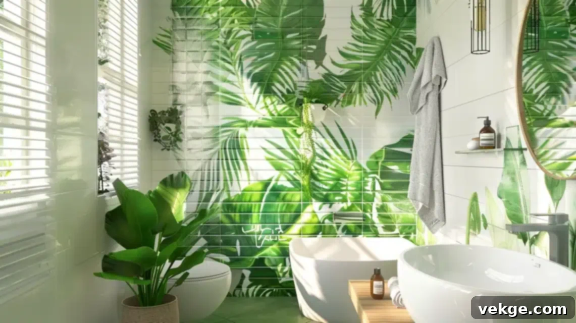 Bathroom with green tile accents and plants creating a natural, fresh ambiance