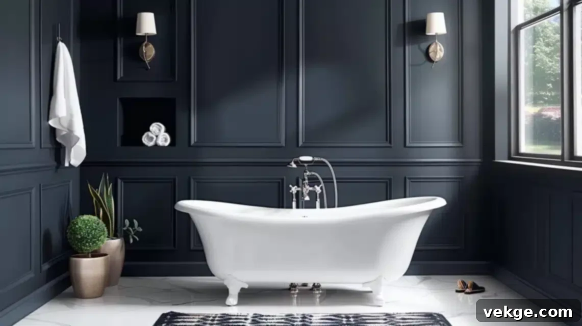 Bold small bathroom featuring deep black walls contrasted with bright white fixtures and metallic accents