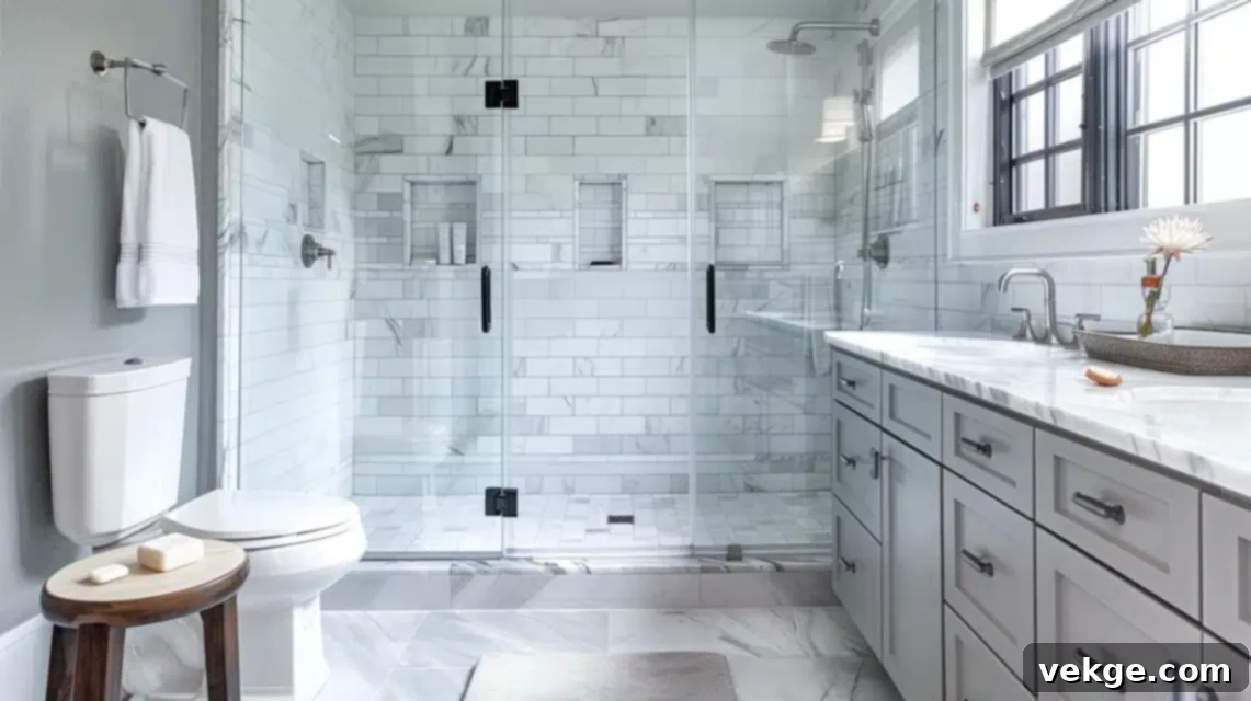 Modern bathroom with a spacious walk-in shower featuring frameless glass doors