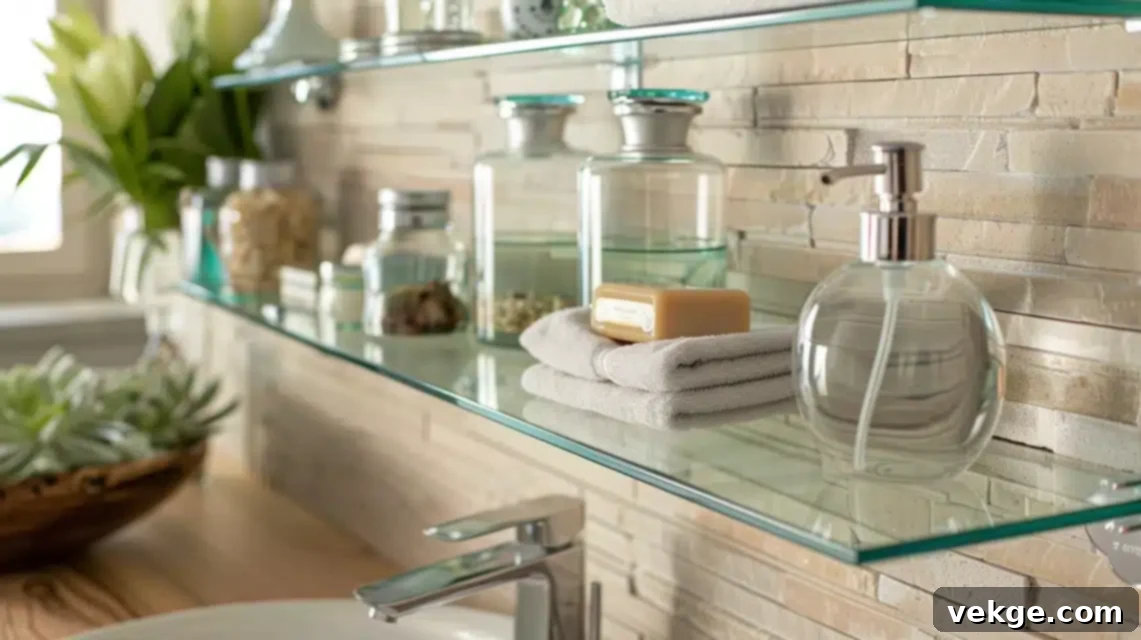 Transparent glass shelves offering discreet storage for bathroom essentials