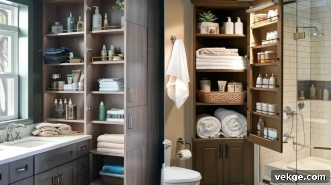 Custom built-in shelving integrated into a small bathroom wall for seamless storage