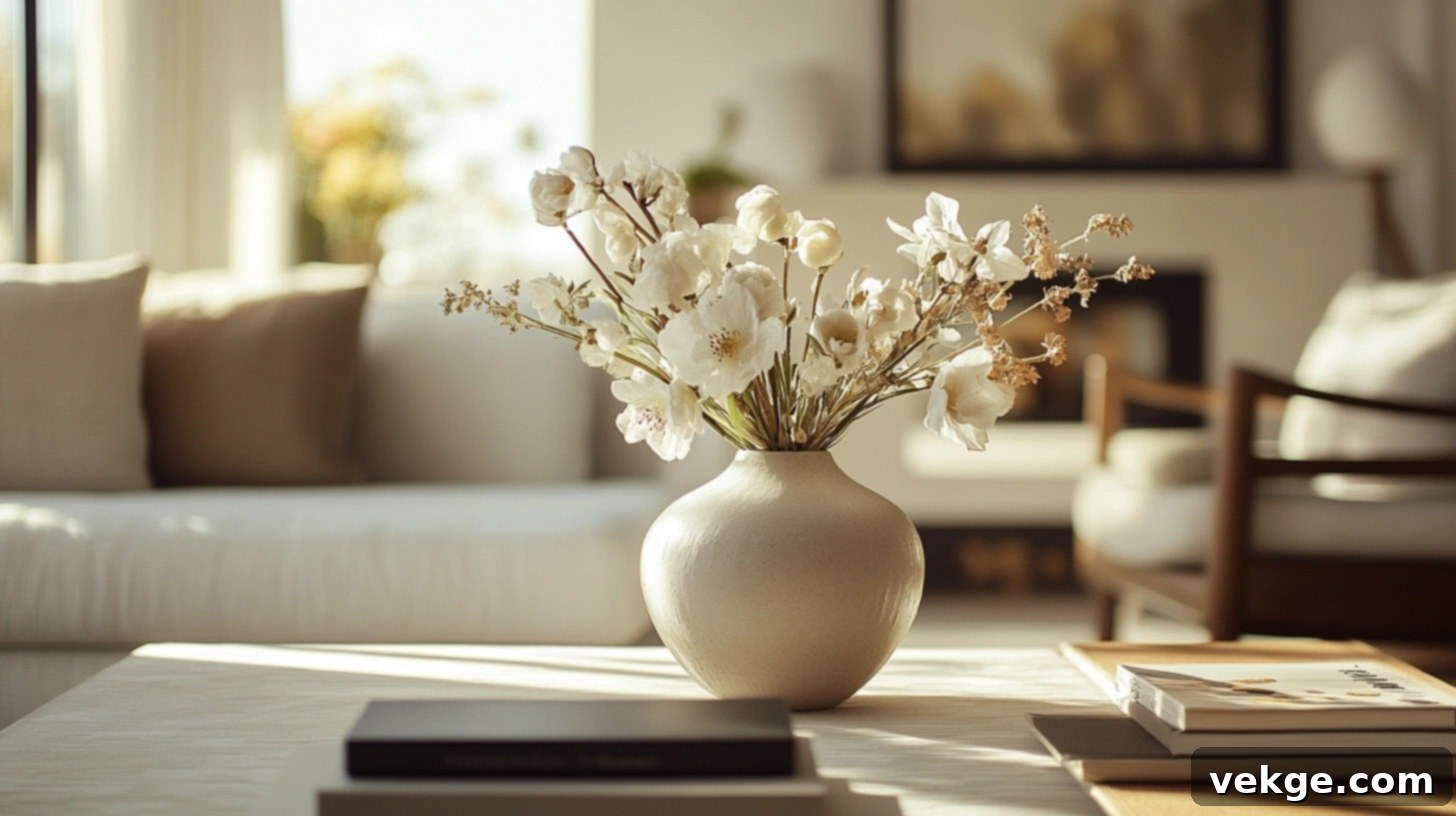 Minimalist Vase Setup - a single tall white vase with a few delicate branches on a light wood round coffee table
