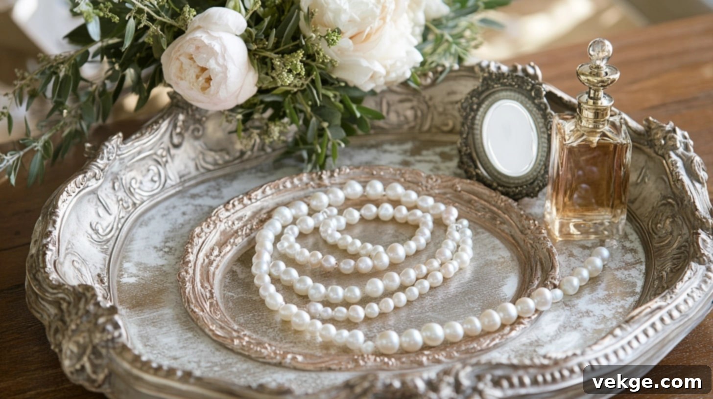 Pearl and Antique Tray Setting - an ornate antique tray filled with decorative pearls and a small mirrored object on a round coffee table