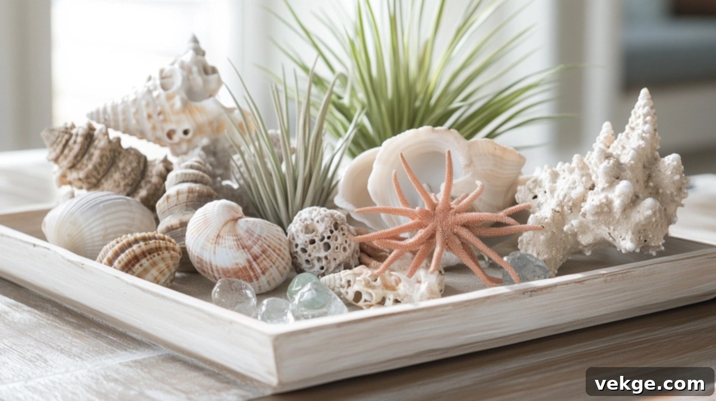 Coastal Collection Display - authentic seashells, coral, and driftwood arranged on a light-colored tray on a round coffee table