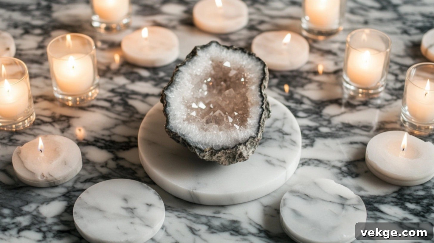 Marble and Crystal Setup - sleek marble coasters and a large geode crystal on a round coffee table