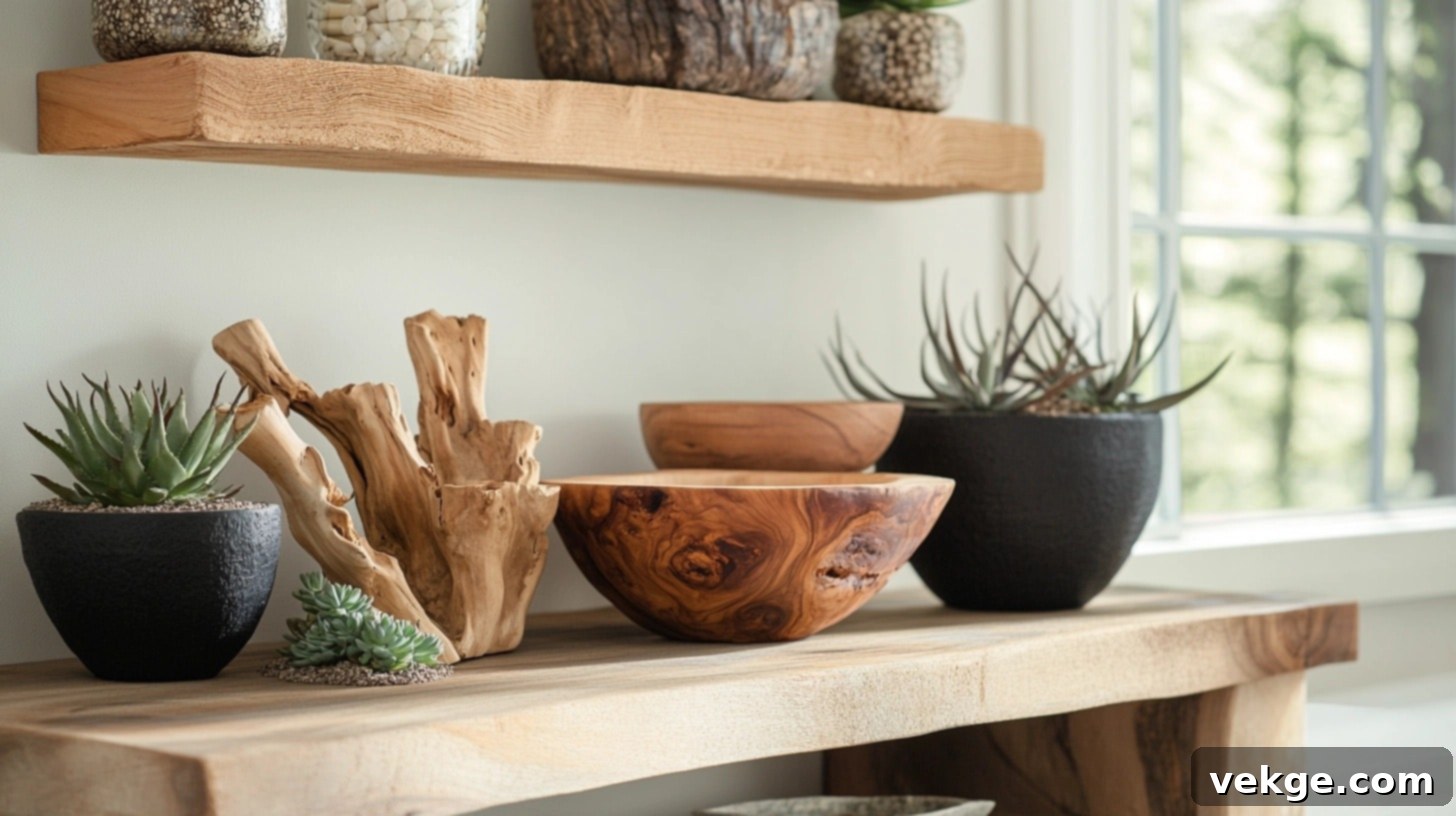 Natural Wood Collection - a group of various wooden elements like carved bowls and driftwood on a round coffee table