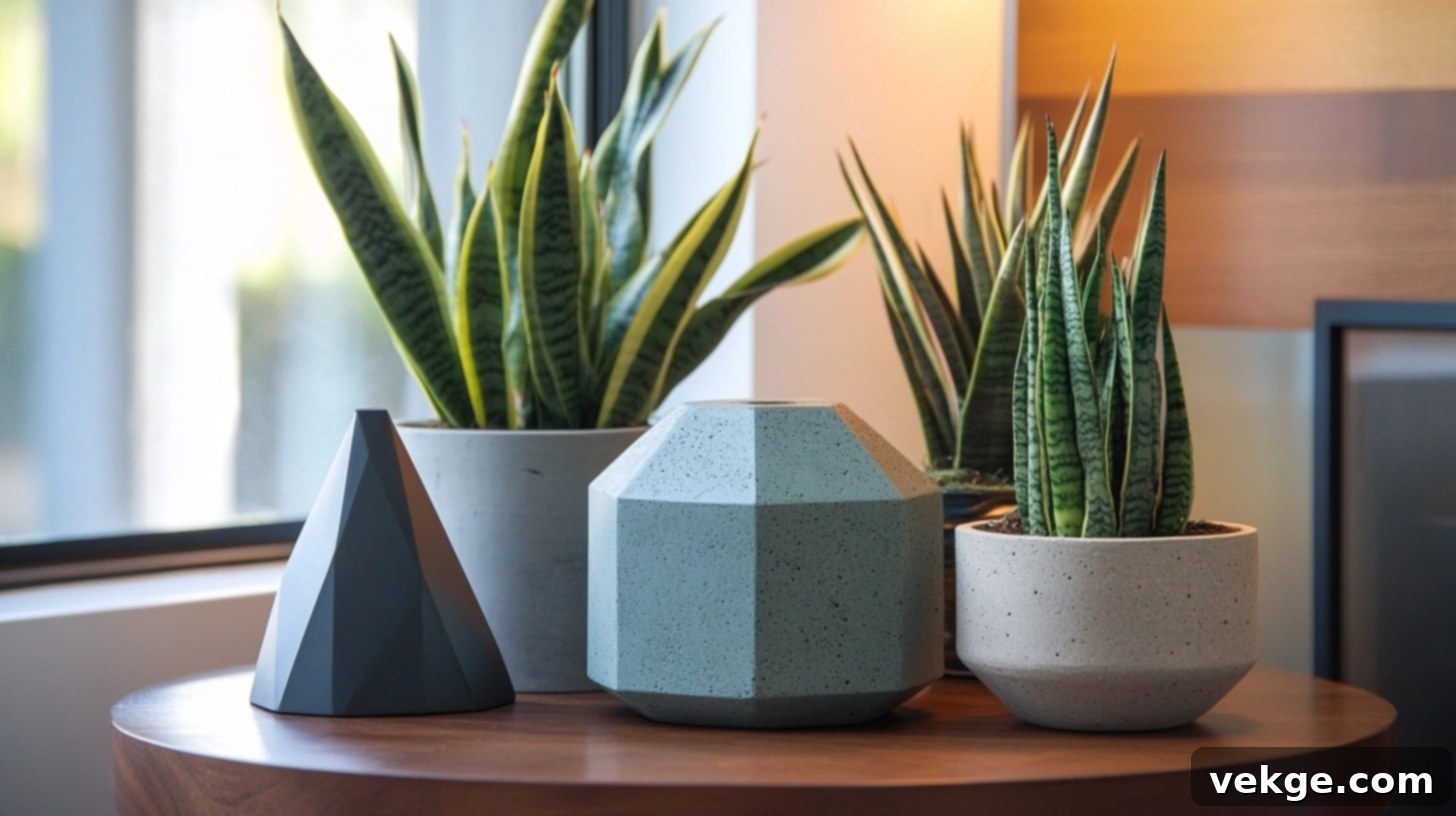 Geometric Pattern Display - modern geometric planters and sculptures in a balanced arrangement on a round coffee table