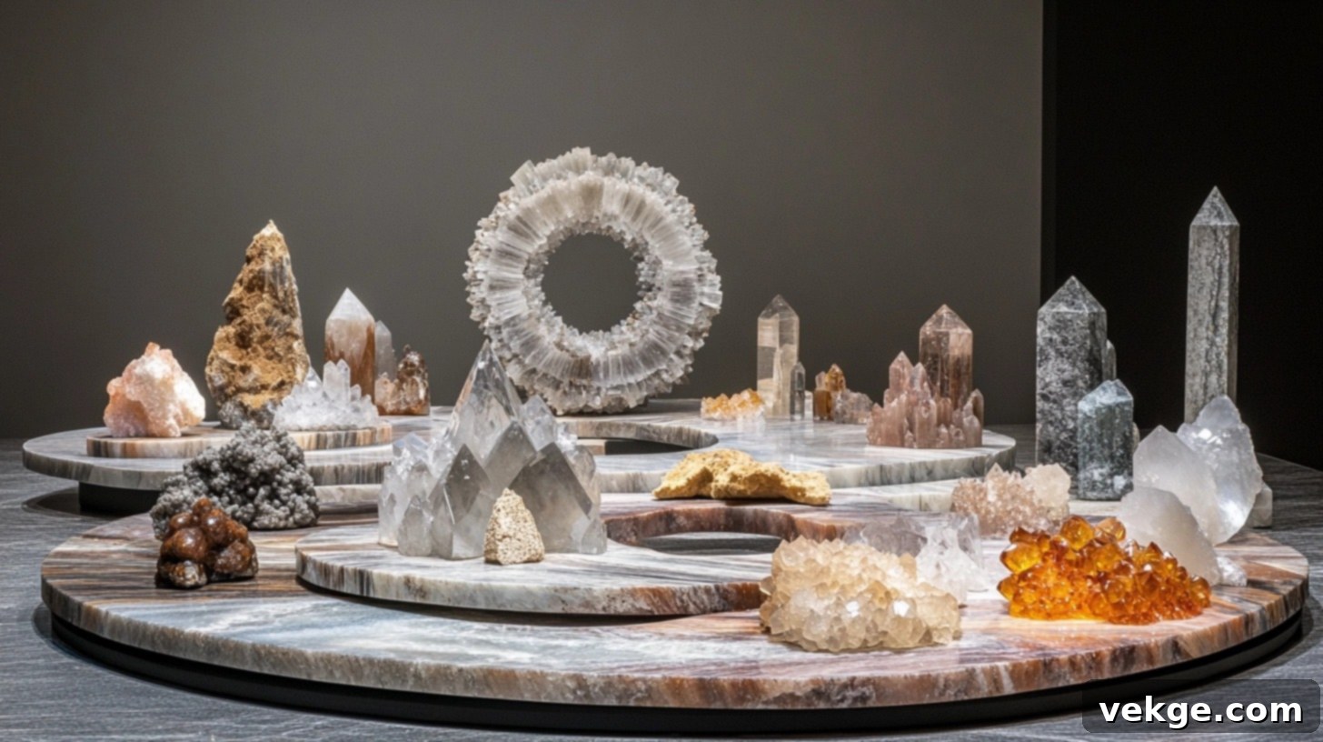 Crystal and Stone Collection - various polished crystals and raw stones arranged in a spiral on a round coffee table