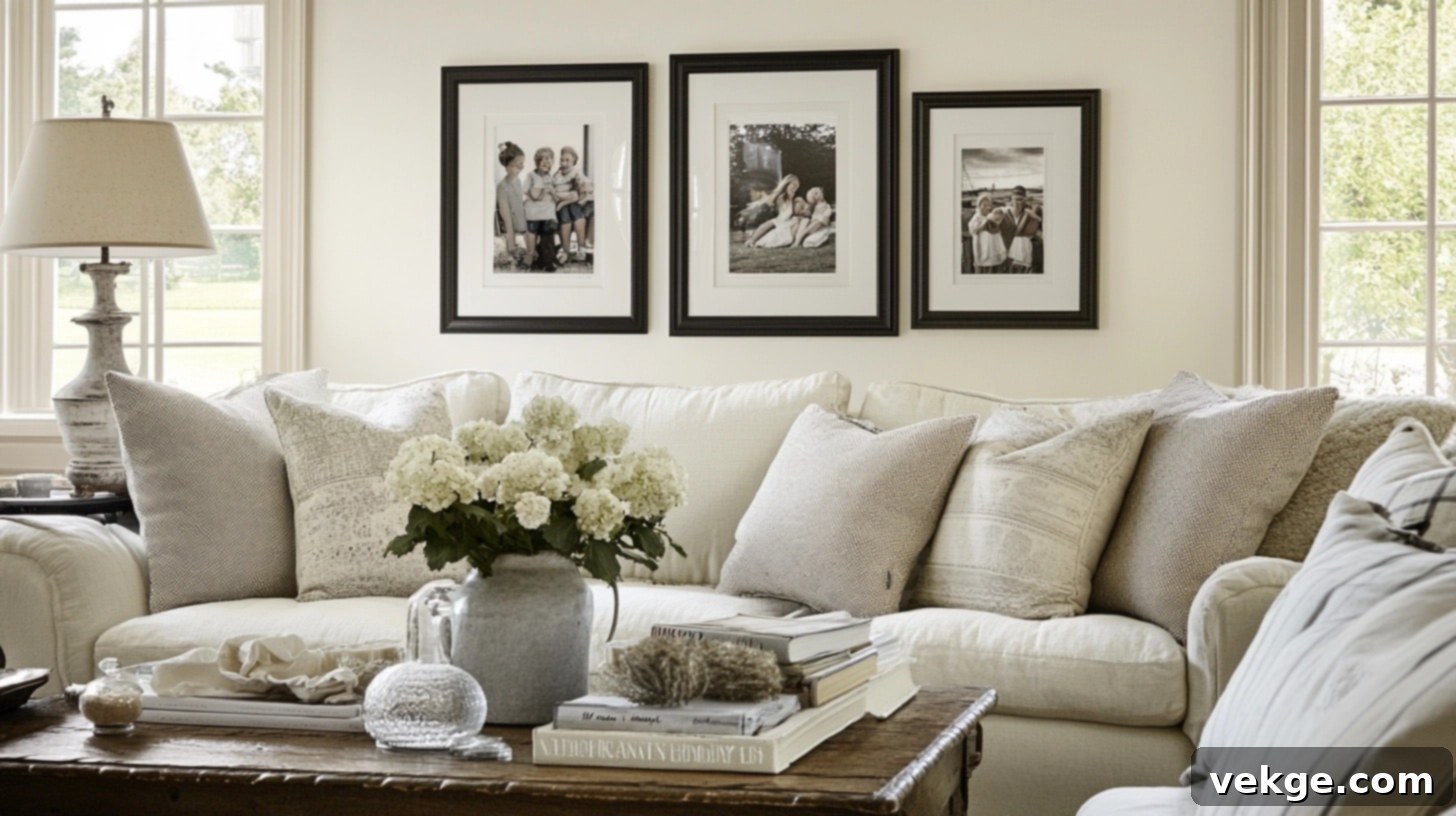 Family Photo Arrangement - a collection of framed family photos of varying sizes on a round coffee table