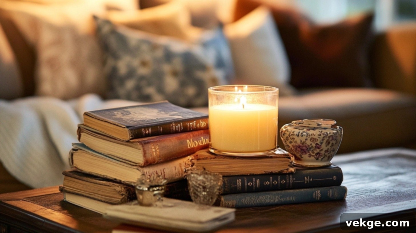 Stacked Books and Candle Display - three books stacked with a candle on top, next to a small plant on a light wood round coffee table