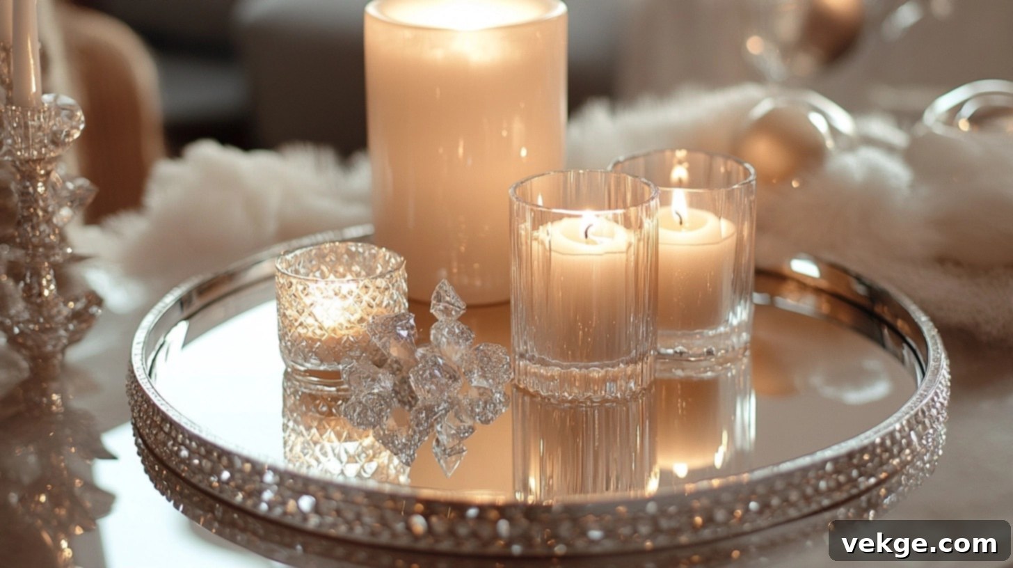 Mirrored Surface Display - a round mirrored tray holding candles and a small sculpture, reflecting light on a round coffee table