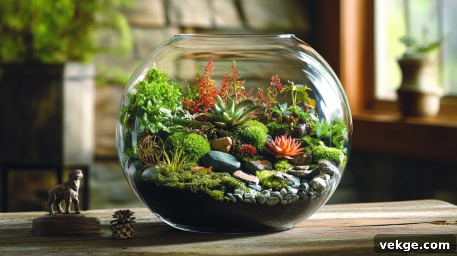 Glass Terrarium Garden - a closed glass terrarium with small plants and moss inside, acting as a centerpiece on a round coffee table