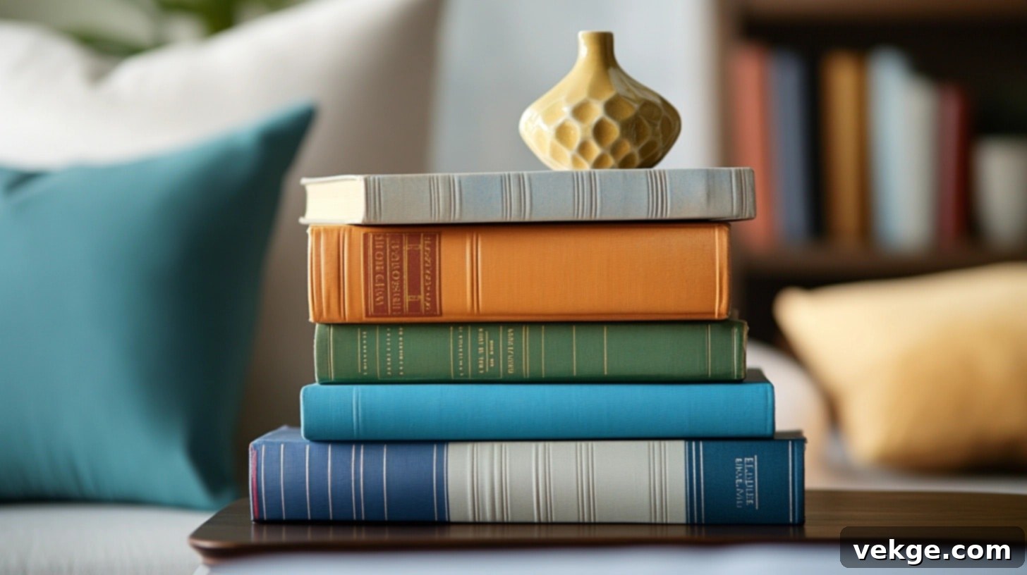Color-Theme Book Stack - a stack of books with color-coordinated spines topped with a small decorative object on a round coffee table