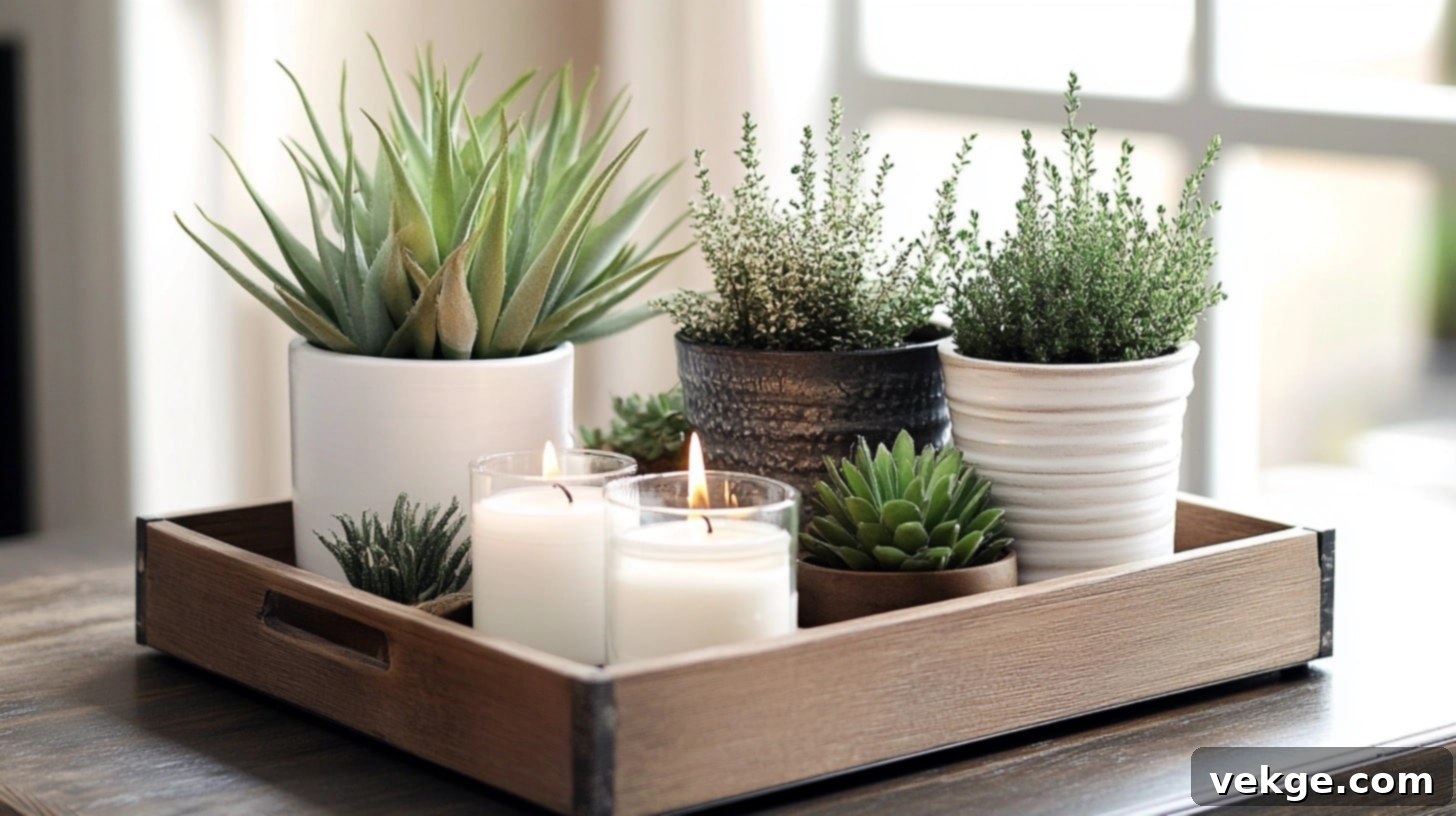 Double Tray Layering - two nested trays, one larger and one smaller, holding various decorative items on a round coffee table