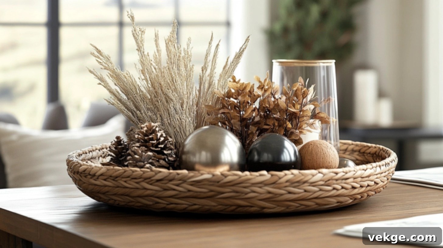 Natural Basket Collection - a low-profile woven basket filled with organic elements on a round coffee table