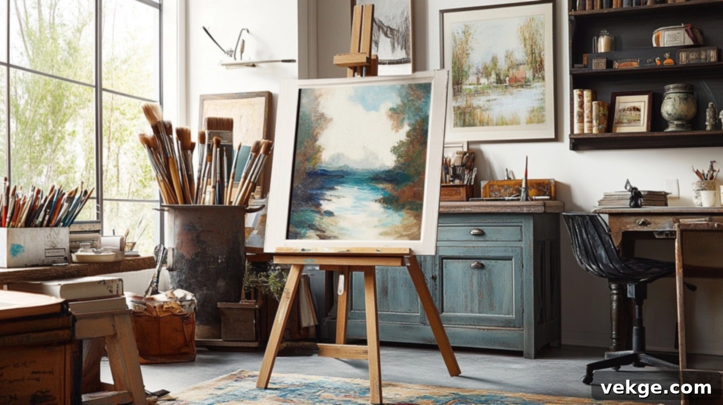 Artist's Corner Display - a miniature easel displaying a small painting, surrounded by art tools on a round coffee table