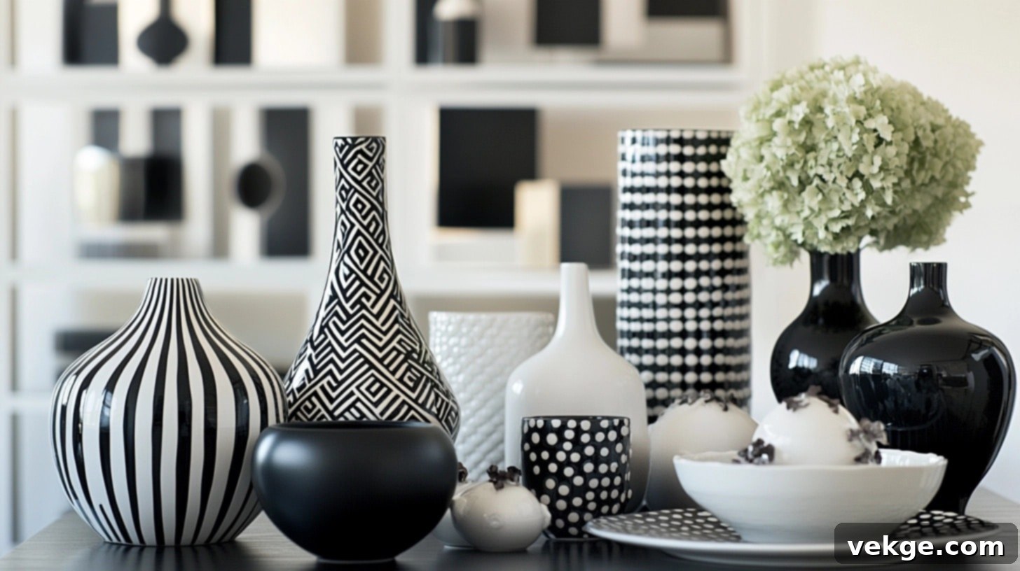 Black and White Theme - a collection of black and white decorative objects and books on a round coffee table