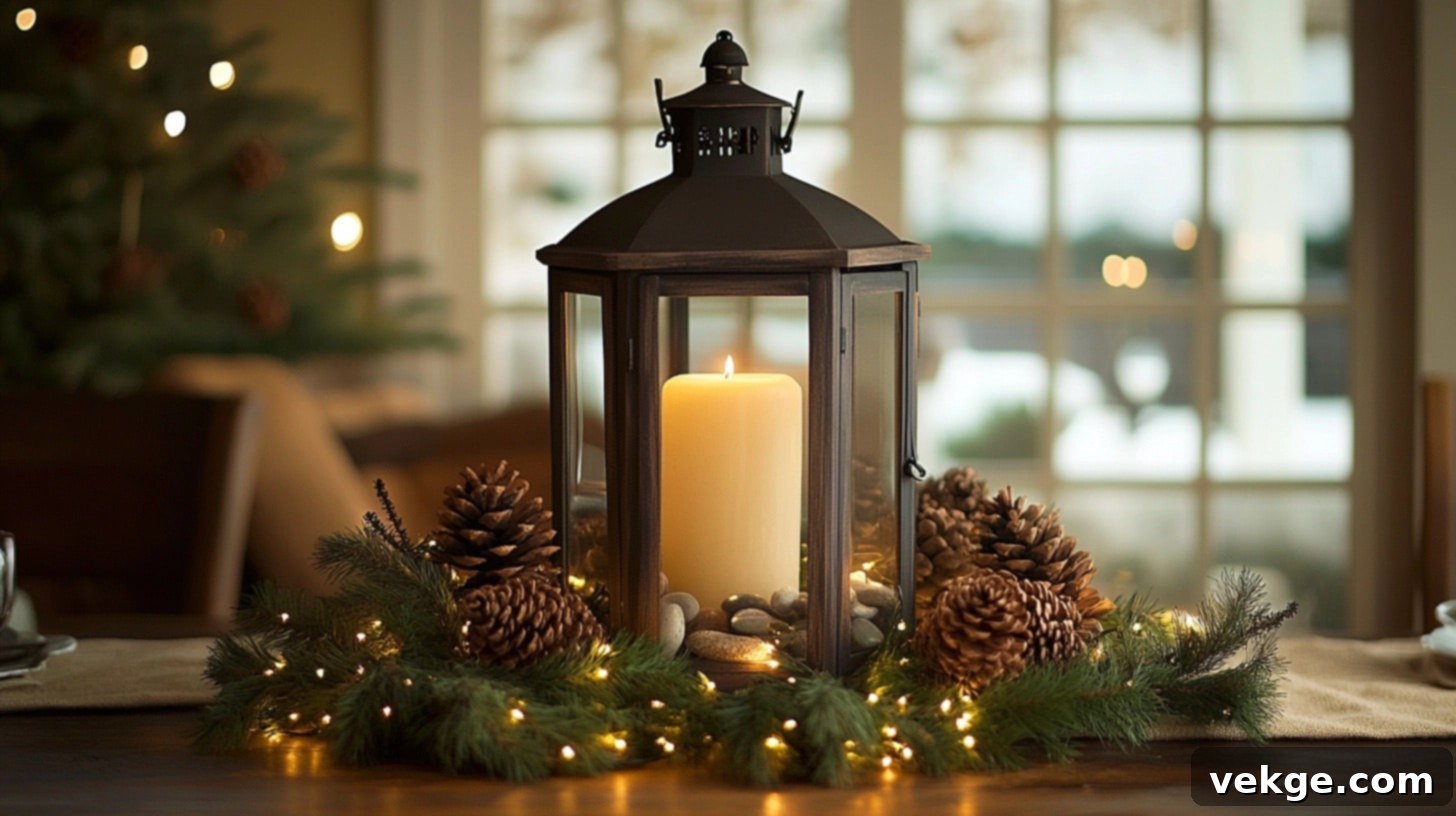 Rustic Lantern Setup - an aged metal lantern with battery-operated candles, surrounded by pine cones on a round coffee table