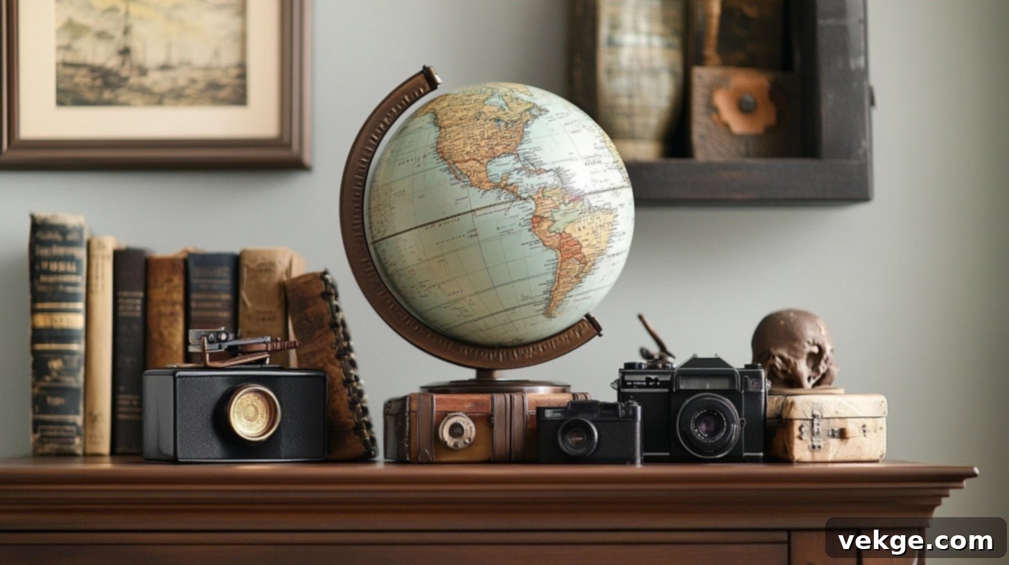 Travel-Inspired Collection - a decorative globe surrounded by vintage cameras and travel books on a round coffee table