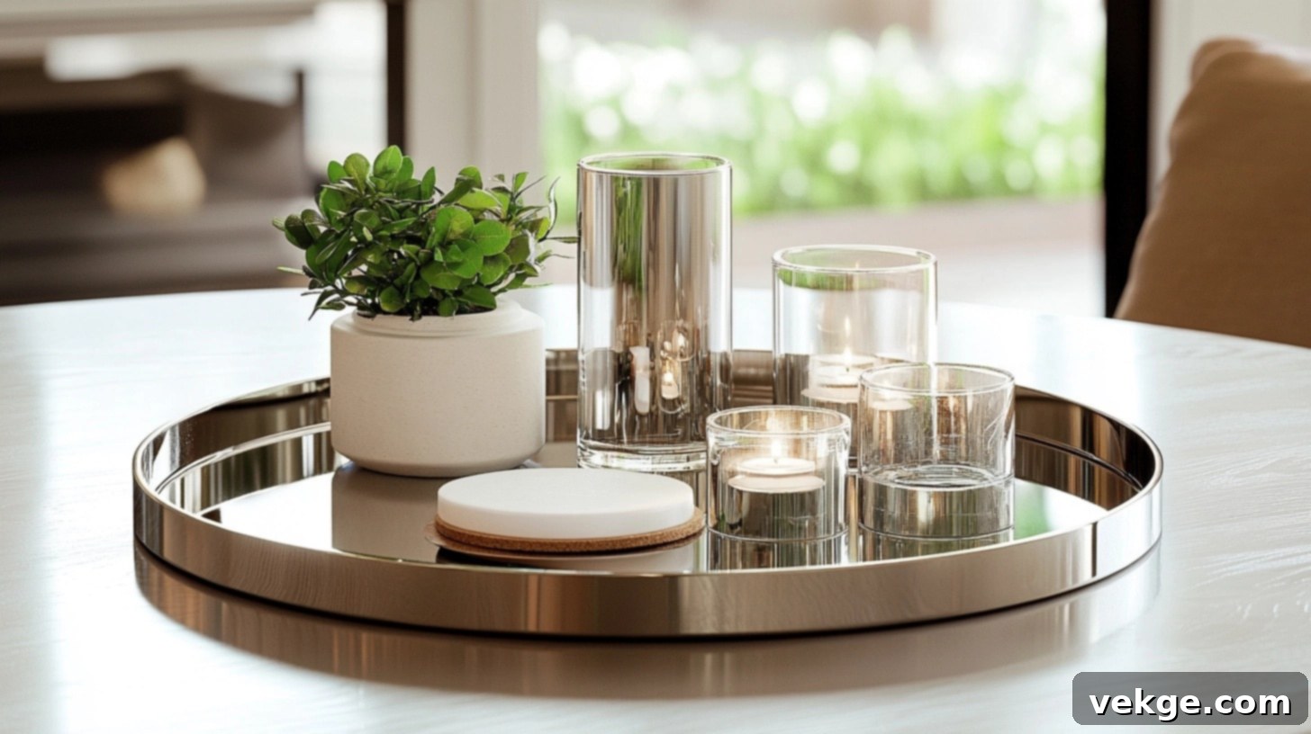 Decorative Tray Arrangement - a round tray holding a small vase with flowers, a candle, and coasters on a round coffee table