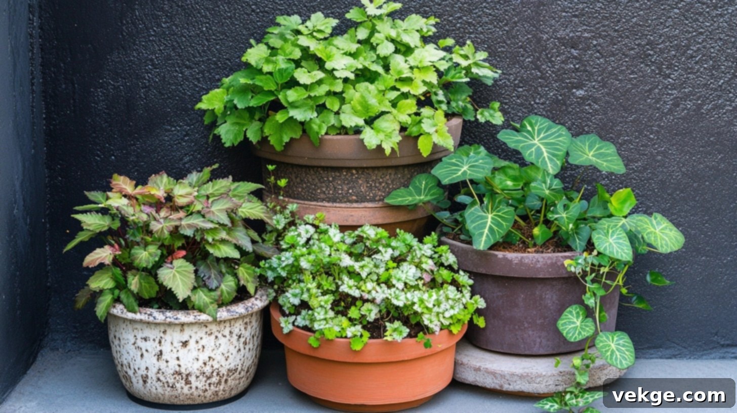 Three-Tier Plant Display - small plants arranged on a tiered stand or with risers on a round coffee table