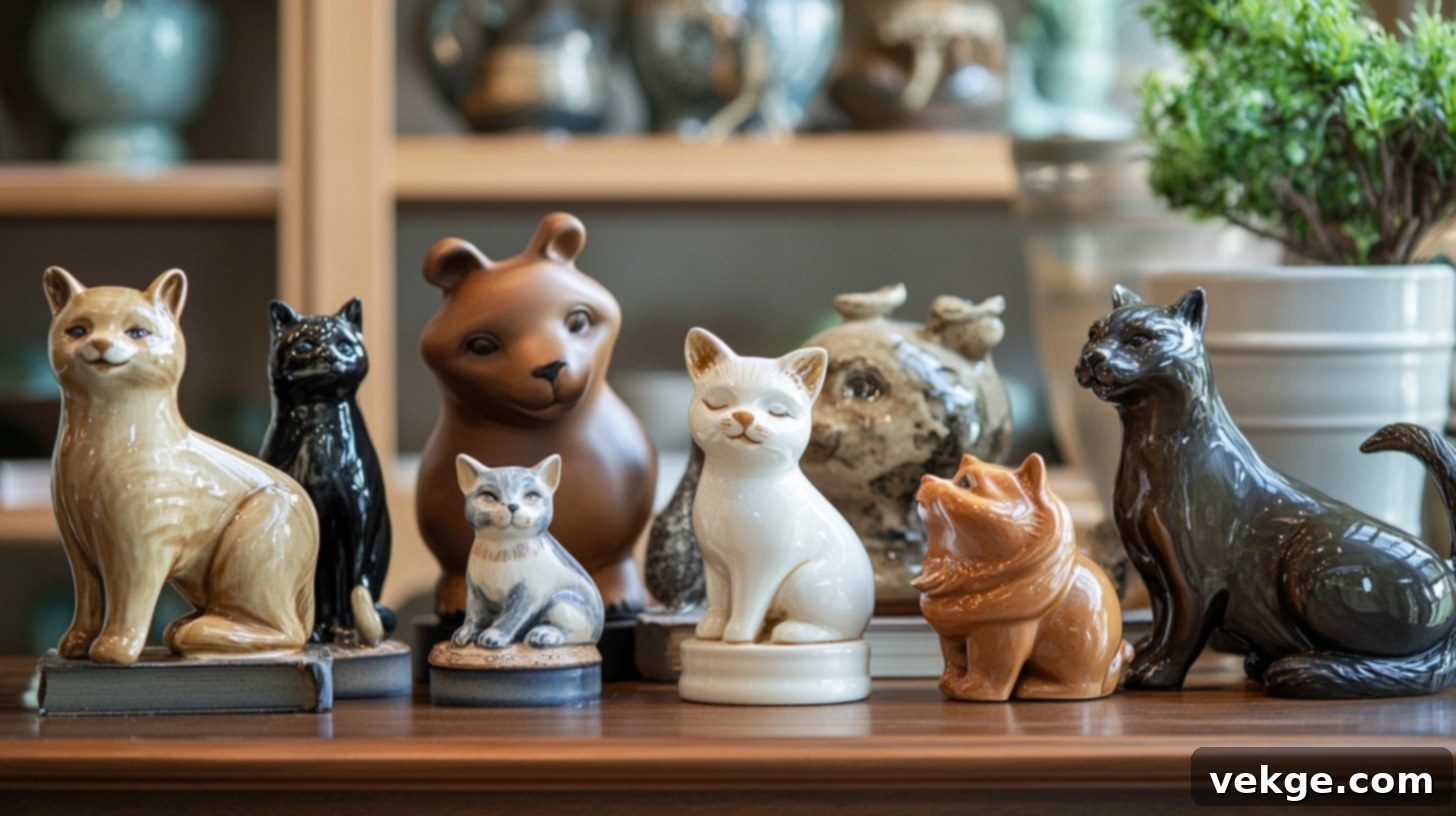 Ceramic Animal Collection - a group of small ceramic animal figurines in various poses on a round coffee table
