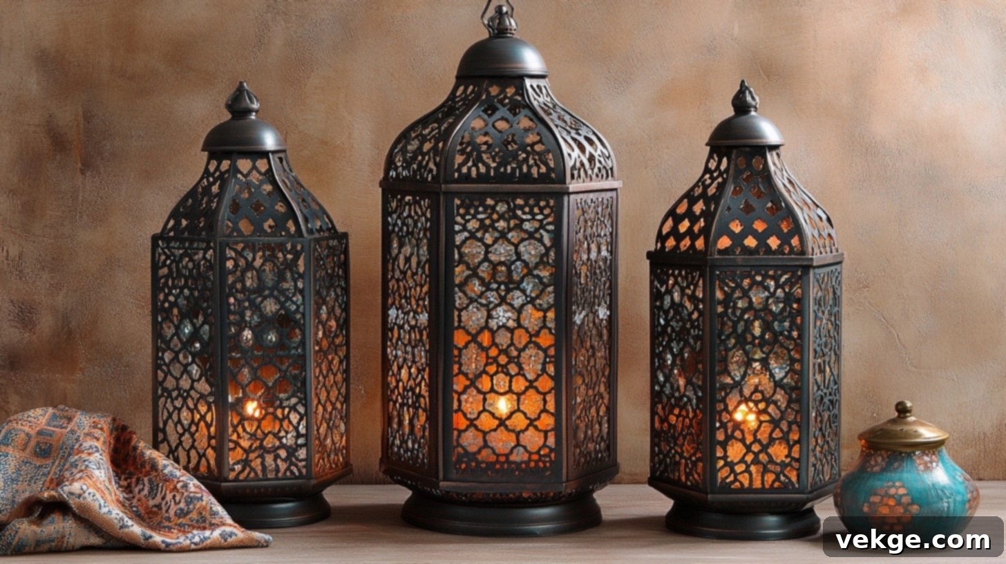Moroccan-Style Arrangement - three ornate metal lanterns of different heights on a patterned textile on a round coffee table