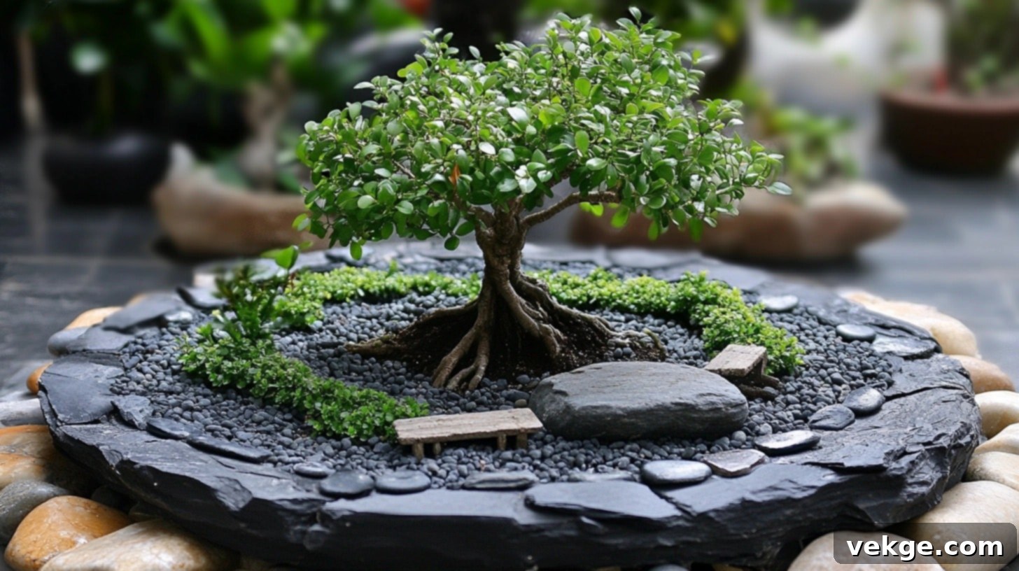 Miniature Tree Display - a small bonsai tree surrounded by decorative stones on a round coffee table