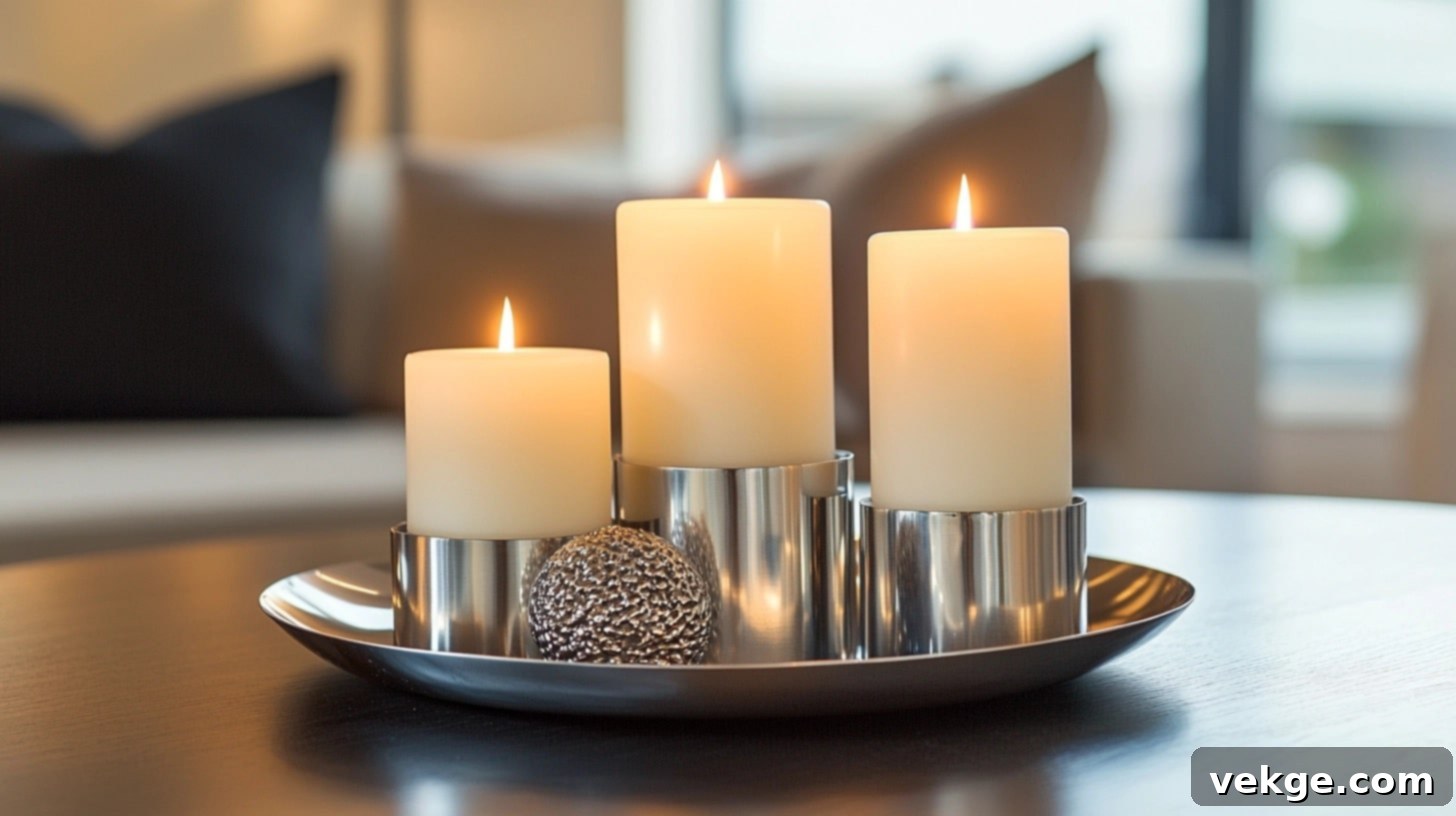 Triple Candle Composition - three candles of identical height but varied widths in matching holders on a round coffee table
