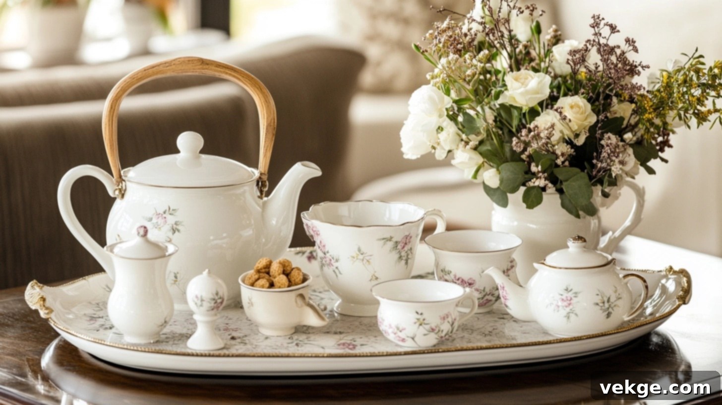 Traditional Tea Service - a porcelain tea set arranged on a tray with a small vase of flowers on a round coffee table