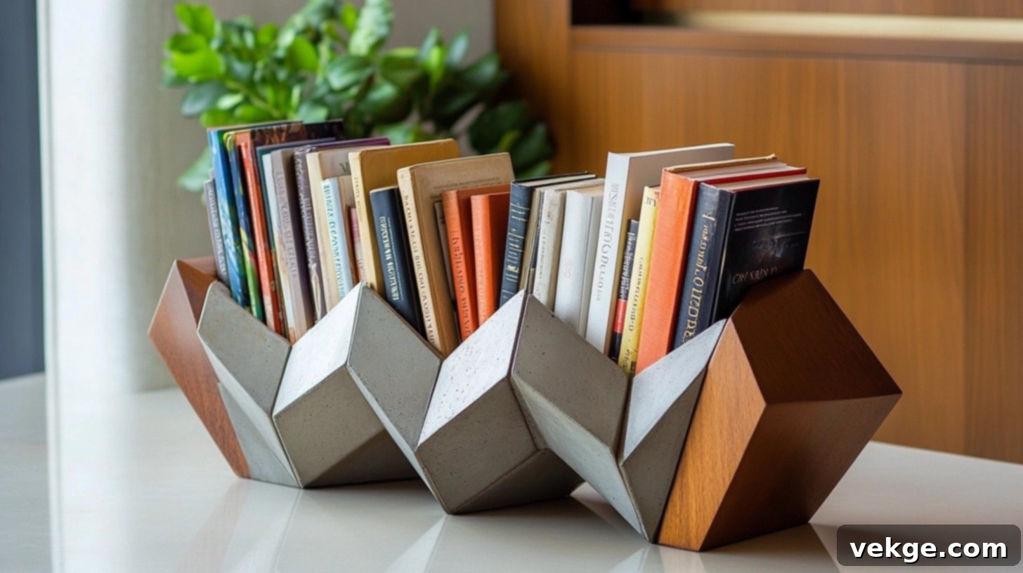 Modern Bookend Arrangement - artistic geometric bookends holding a few books on a round coffee table