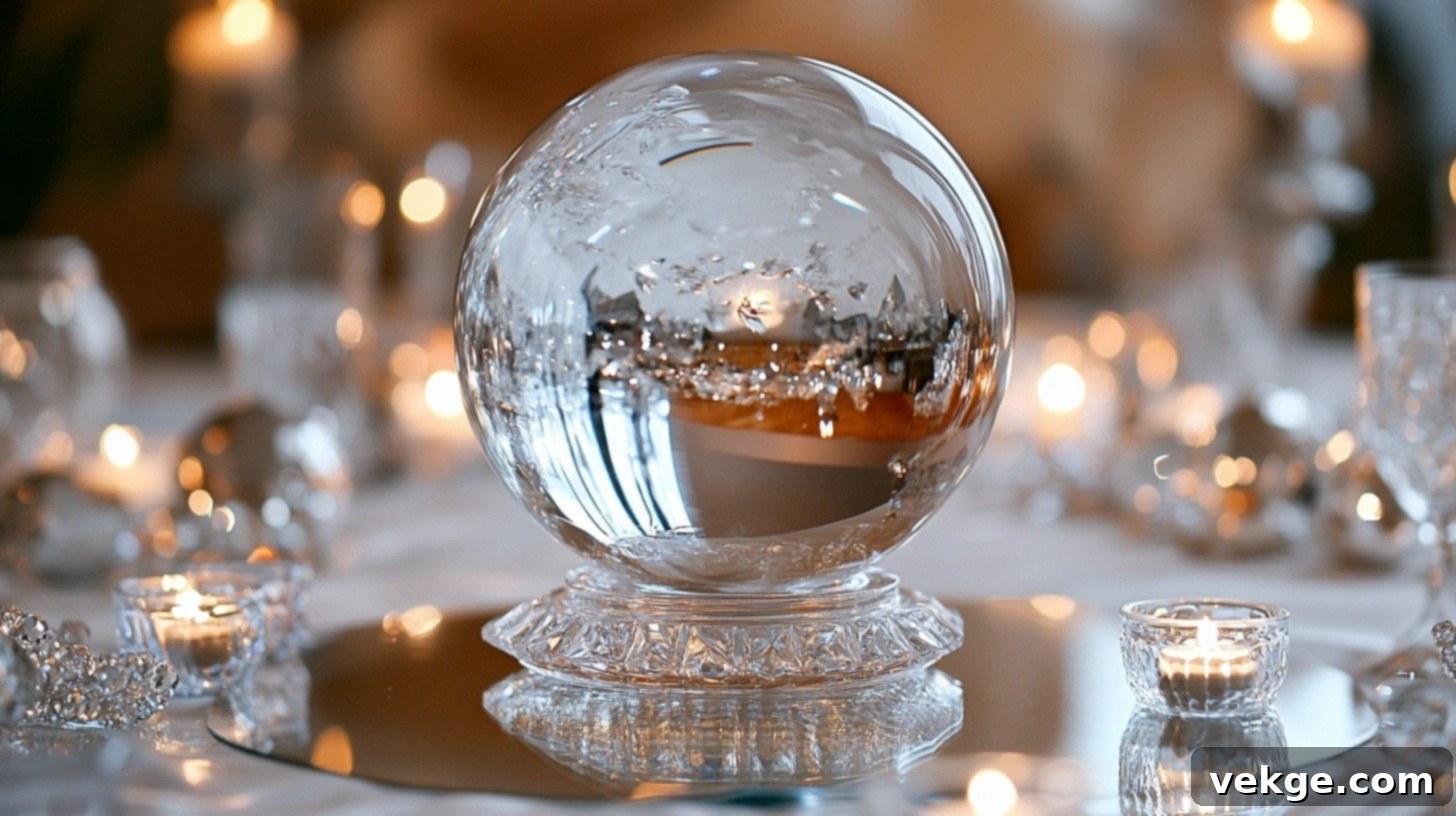 Crystal Ball Centerpiece - a large crystal sphere on a decorative stand, surrounded by smaller crystals on a round coffee table
