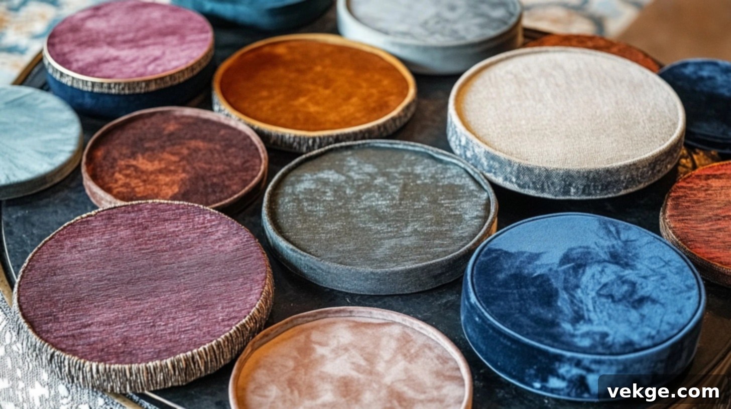 Circular Fabric Arrangement - layered circular fabric pieces with decorative objects on top on a round coffee table