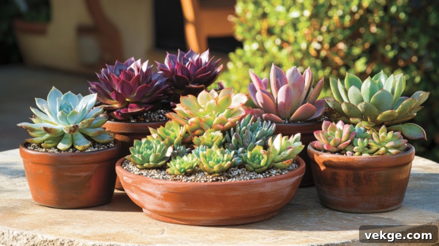 Succulent Garden Display - a cluster of small succulents in matching terracotta pots on a round coffee table